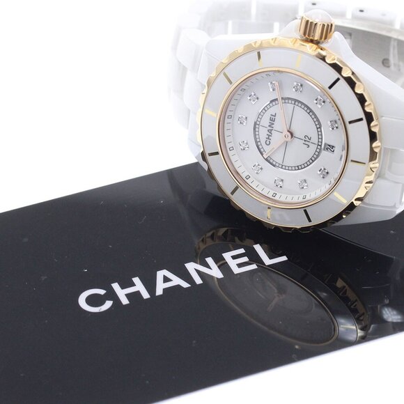 CHANEL J12 H2181 White ceramic 11P diamond PG bezel Quartz Ladies Watch_877807 - Picture 1 of 7